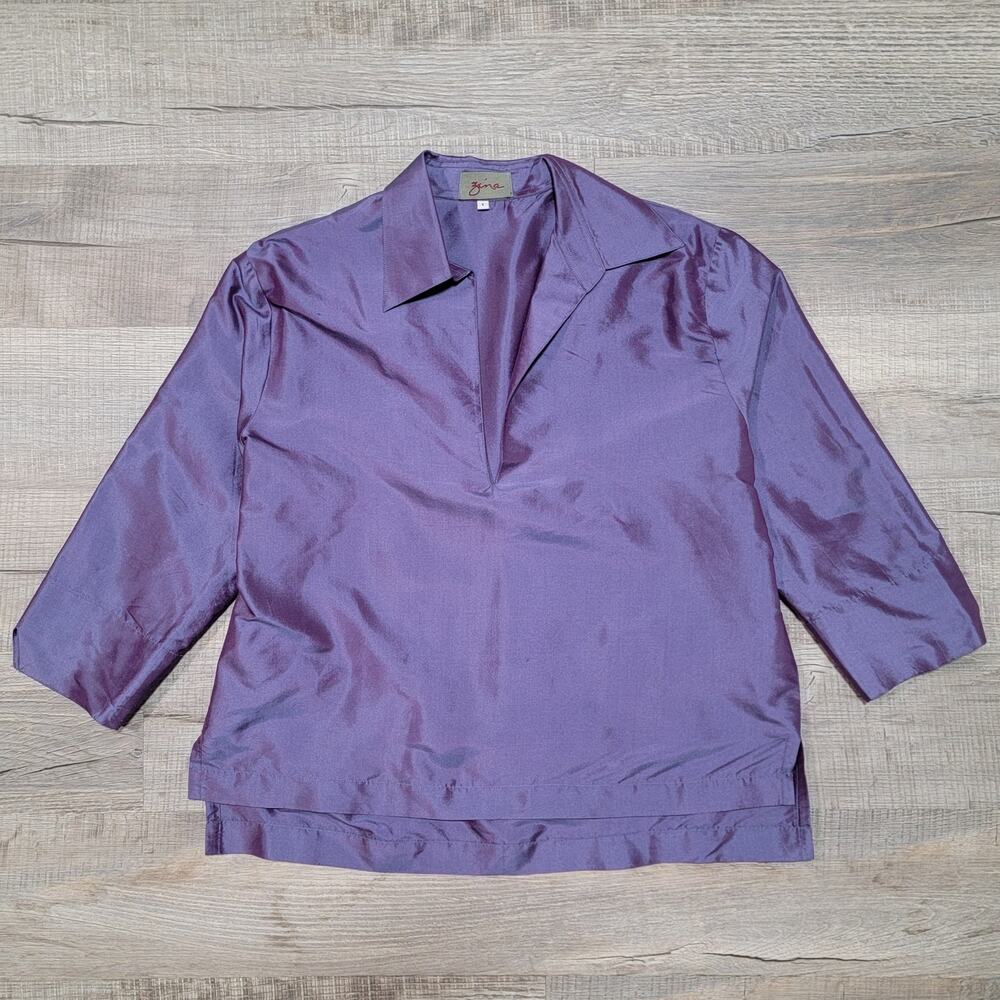 Zina Beverly‎ Hills Size 2 Small/Medium Purple Iridescent Satin Collared Top